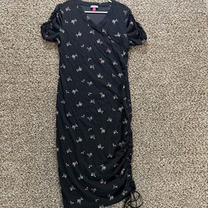 Vince Camuto Black Floral Wrap Midi Dress Ruched Side, Sheer Puff Sleeves, Sz L‎